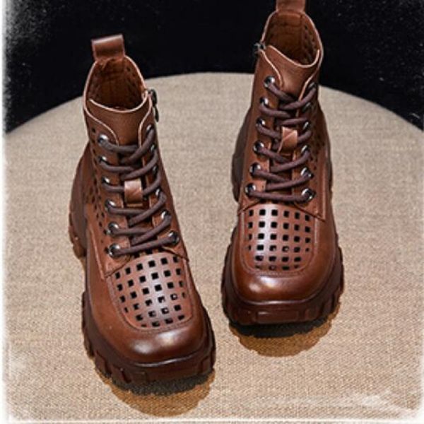 

women summer sandals 2022 new genuine leather ladies shoes wedges fashion ankle boots da035, Black