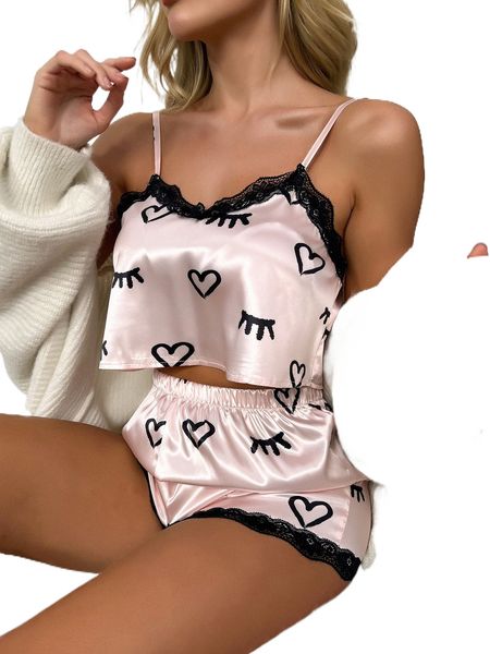 

heart & eyelash print contrast lace cami & shorts pj set q8qj#, Black;red