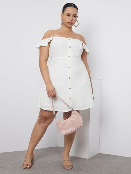 

plus solid off shoulder ruffle trim dress 14yz#, Black