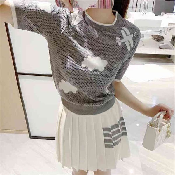 

round neck short sleeve hollowed out t-shirt women's college fengfengduo aircraft kite jacquard thin age reducing t-shirt, White