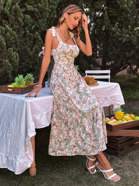 

floral print tie shoulder shirred back ruffle hem cami dress m8v5#, Black;gray