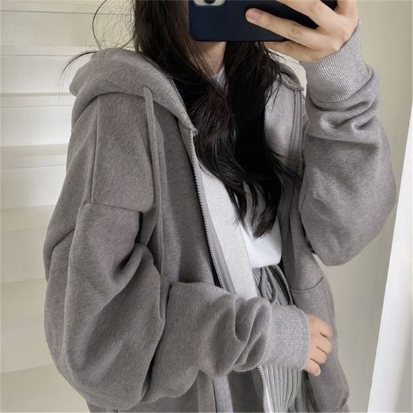 

women casual oversized sweatshirt female streetwear draw string solid color jackets hooded pocket loose zipper harajuku hoodies 220816, Black
