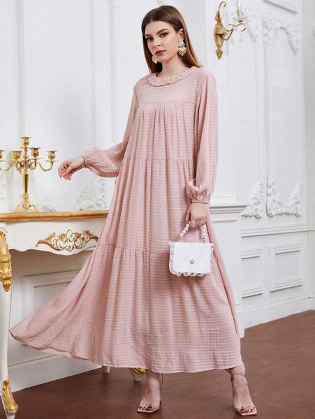

lantern sleeve ruffle trim smock dress w8kc#, Black;gray