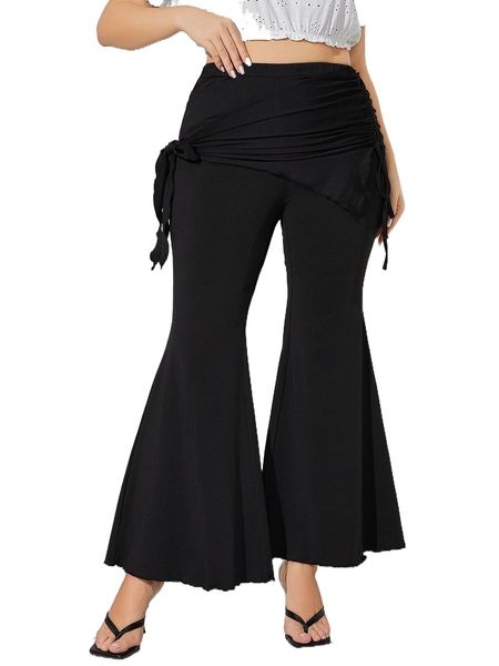 

plus drawstring knot side flare leg pants h0qm#, Black