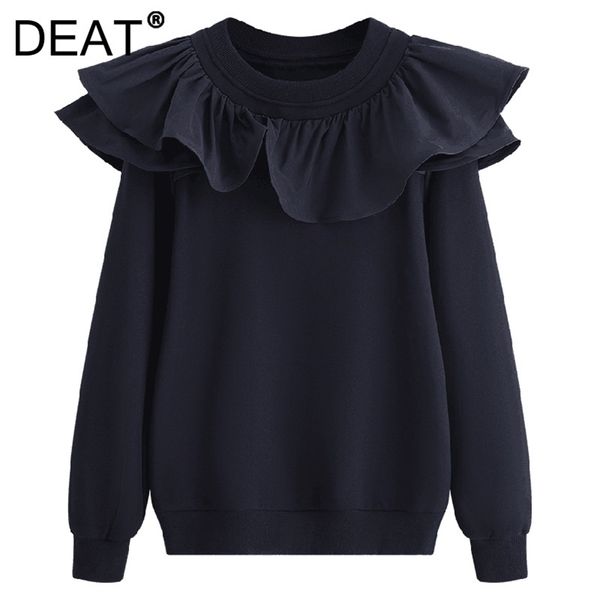 

[deat] women pullovers loose ruffles round neck long sleeve solid color casual sweatshirt autumn fashion 13z1655 220406, Black