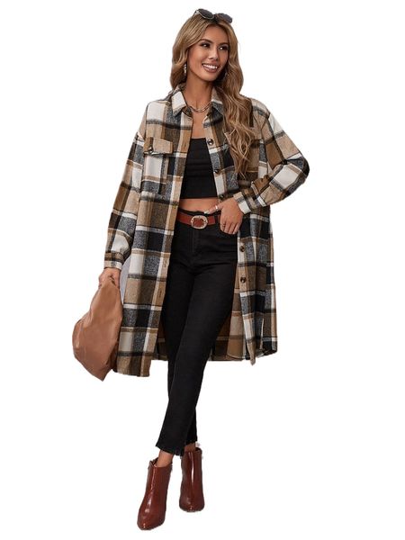 

plaid flap pocket drop shoulder coat m5hi#, Black