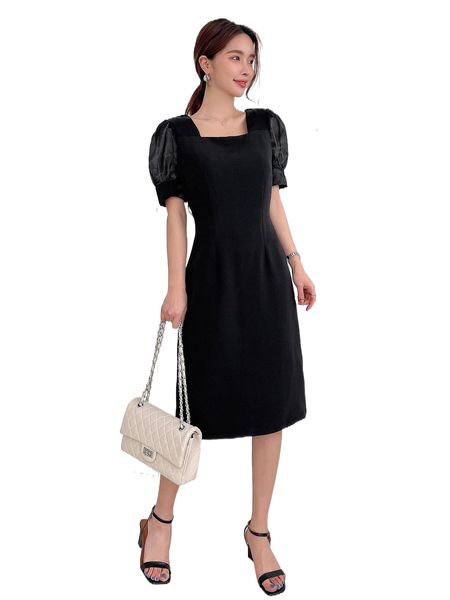 

dazy contrast puff sleeve square neck dress e4y3#, Black;gray