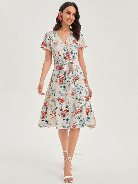 

floral print overlap collar belted dress t4jx#, Black;gray