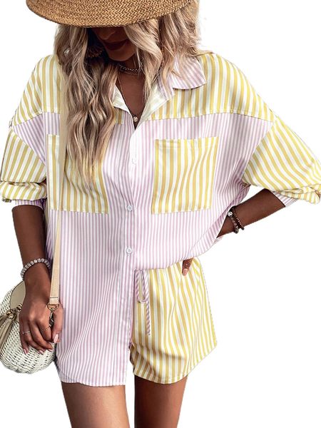 

striped patched pocket drop shoulder blouse & tie front shorts y9z7#, White