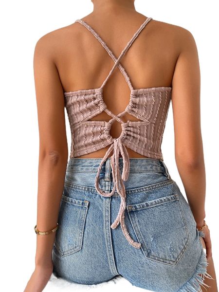

lace up back textured crop halter 397l#, White