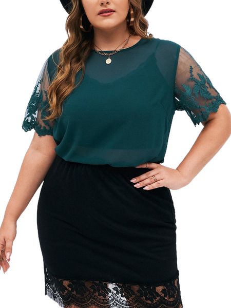 

plus embroidery mesh sleeve blouse 094u#, Black