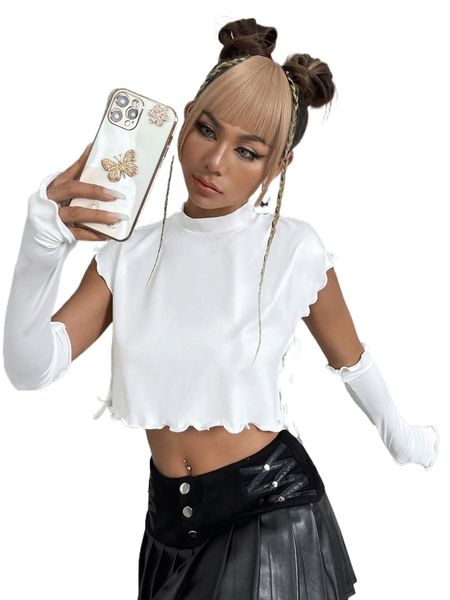 

lettuce trim batwing sleeve knot side crop & arm sleeves p8vt#, White