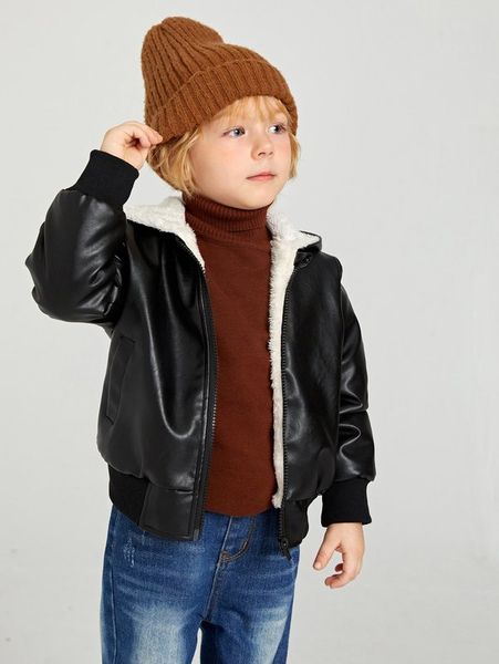 

toddler boys zipper hooded teddy lined pu leather jacket she, Blue;gray