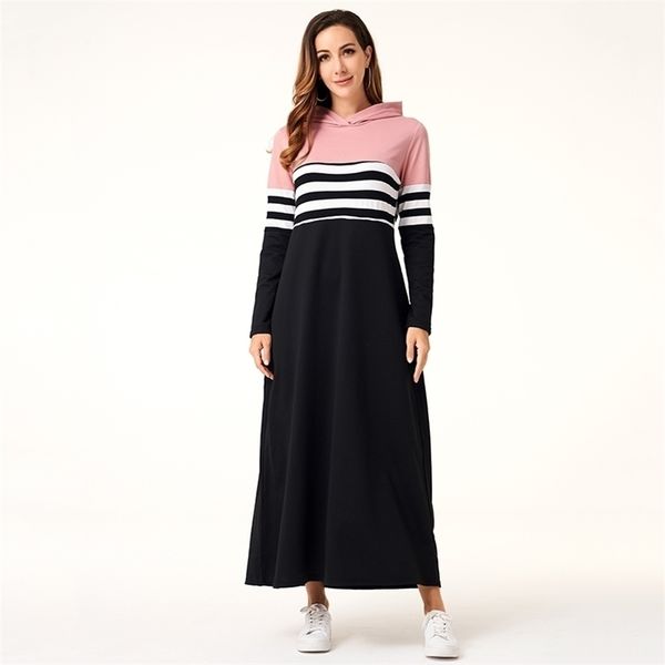 

women hoodie dresses long sleeve striped patchwork casual long dress loose female fashion women clothing 210322, Black;gray