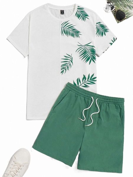 

men tropical print & shorts set f04c#, Gray