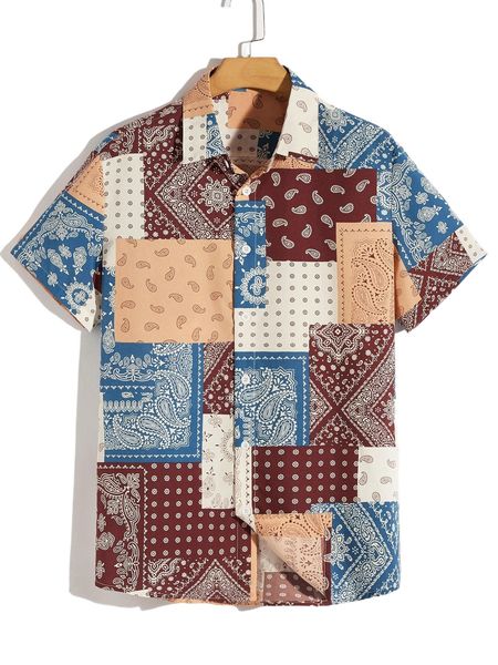 

romwe guys paisley patchwork print shirt f4xq#, White;black