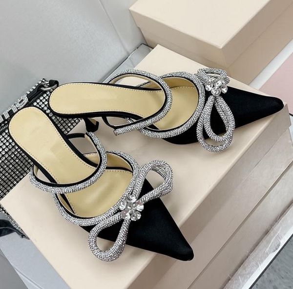 

MACH& mach Rhinestone bowtie High Heel Sandals and Slippers WomanMesh Breathable Satin Ladies Banquet Wedding Resort High Heels Mules shoes, Black