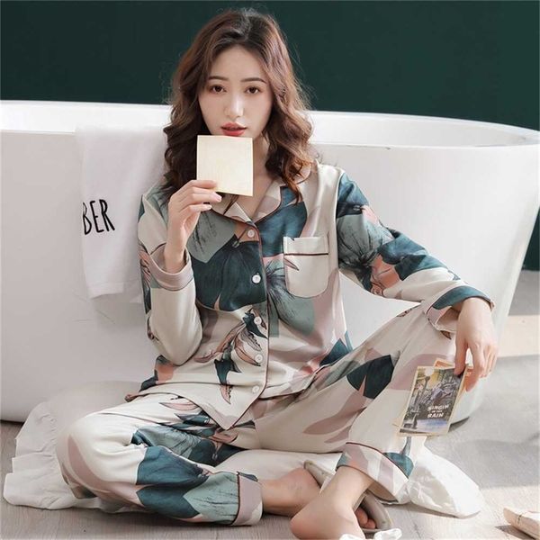 

cotton pajamas women summer long-sleeved trousers two-piece suit women's satin loose printed home wear casual fashion pajamas 210713, Black;red