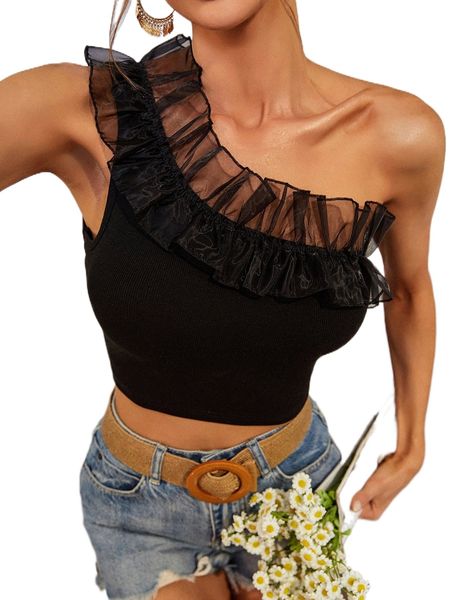 

one shoulder contrast mesh ruffle trim crop 79ot#, White