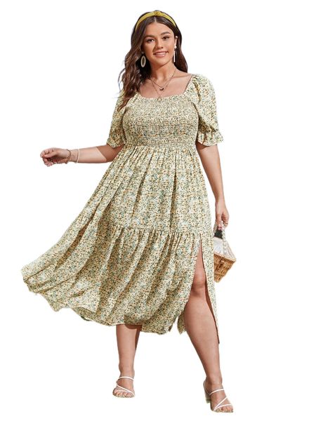 

plus ditsy floral print shirred split thigh ruffle hem dress f8ma#, Black