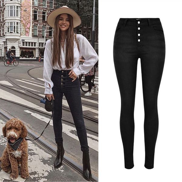 

high waist jeans women stretch cotton denim skinny fit button fly, Blue