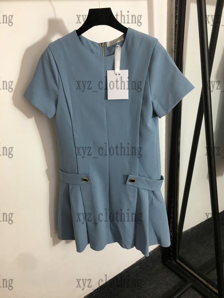 

blue color womens dress anchor button waist thin round neck short sleeve dress high-end women pra dresses newly designer sports cotton shirt, Black;gray