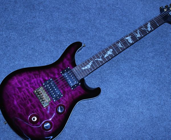 

electric guitar body mahogany purple quilted maple bat inlay, gold hardware