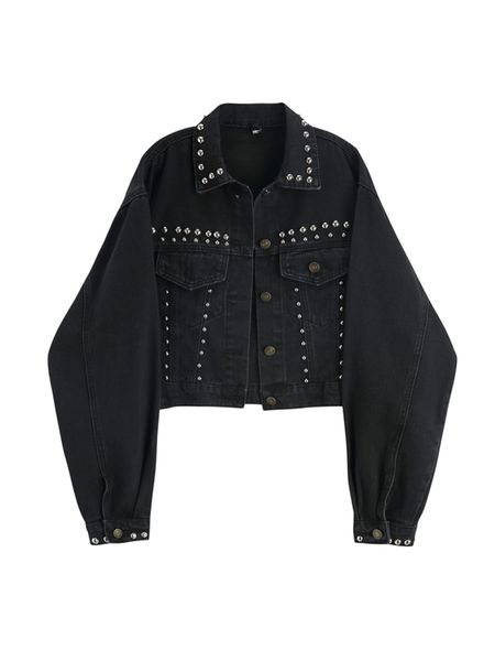 

jacket women 2022 autumn hand rivet studded denim jacket loose outwear female new casual y2k short jeans coats, Black;brown