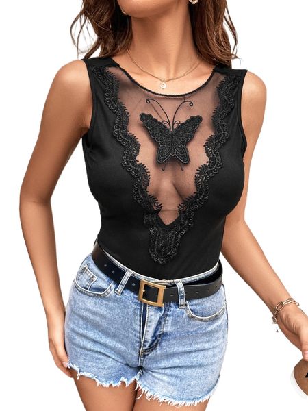 

butterfly shaped contrast lace mesh insert bodysuit f0tb#, White
