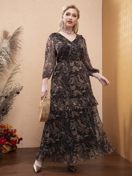 

plus tropical print bishop sleeve ruffle hem dress e18g#, Black