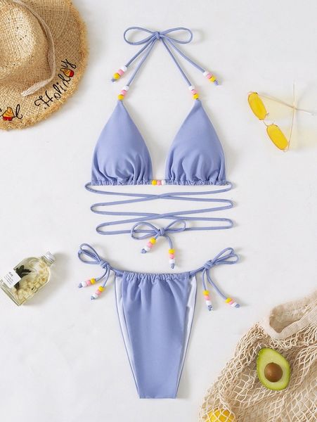 

bead decor lace up micro triangle bikini swimsuit r2xz#, White;black