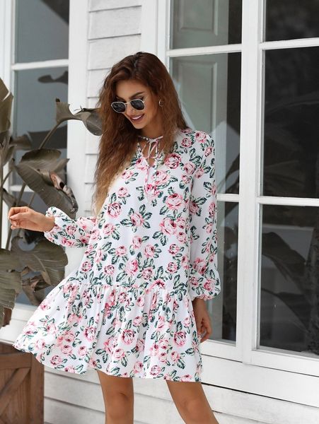

missord tie neck floral smock dress c2w4#, Black;gray