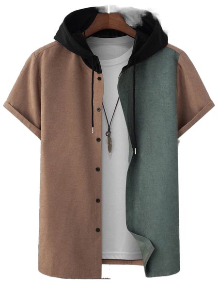 

men 1pc colorblock drawstring hooded shirt t8jx#, White;black