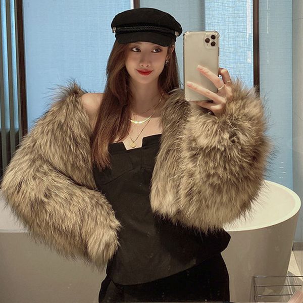 

imitation fur coat women temperamental short 2022 new spring winter long sleeve high luxury street faux fur jacket cardigan t220716, Black