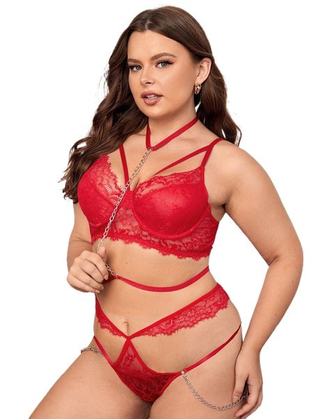 

plus 3pack eyelash lace chain detail underwire lingerie set a8vd#, Black;white
