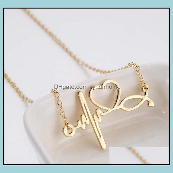 

pendant necklaces pendants jewelry simple stainless steel stethoscope electrocardiogram necklace fashion love heart choker chain drop deli, Silver