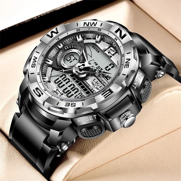 

lige mens watches military clock brand luxury sports wristwatch led dual display watch fashion army outdoor waterproof watch 220407, Slivery;brown