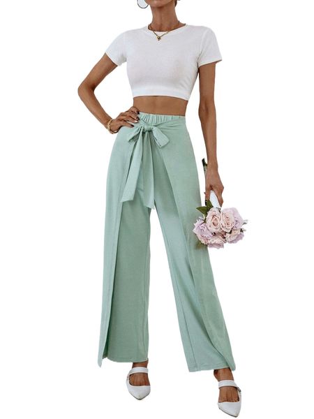 

solid tie front wide leg pants t3rq#, Black;white
