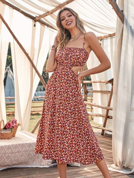 

allover print cut out cami dress 25xa#, Black;gray