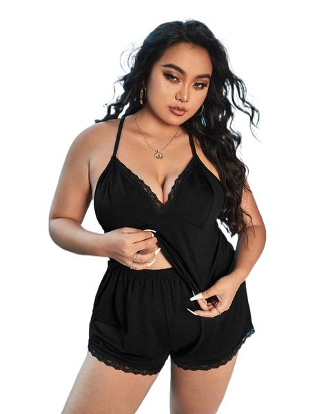

plus contrast lace criss cross backless cami pj set h70i#, Black;white