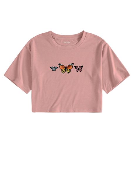 

butterfly print round neck tee s9bi#, White