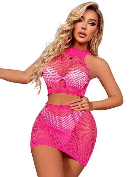 

neon pink racer back mesh lingerie set without liner f1ml#, Black;red