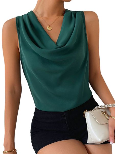 

solid draped collar sleeveless blouse b8xz#, White