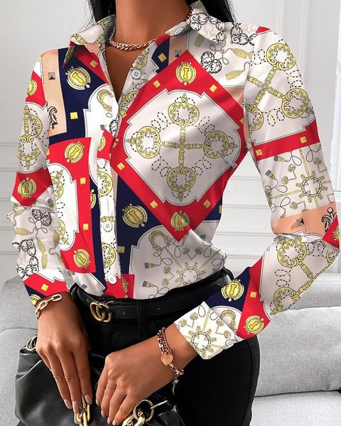 Женские блузкие рубашки женская рубашка модная барокко напечатать пуговица с длинным рукавом элегантный блуз. Случайный топ -блуузен