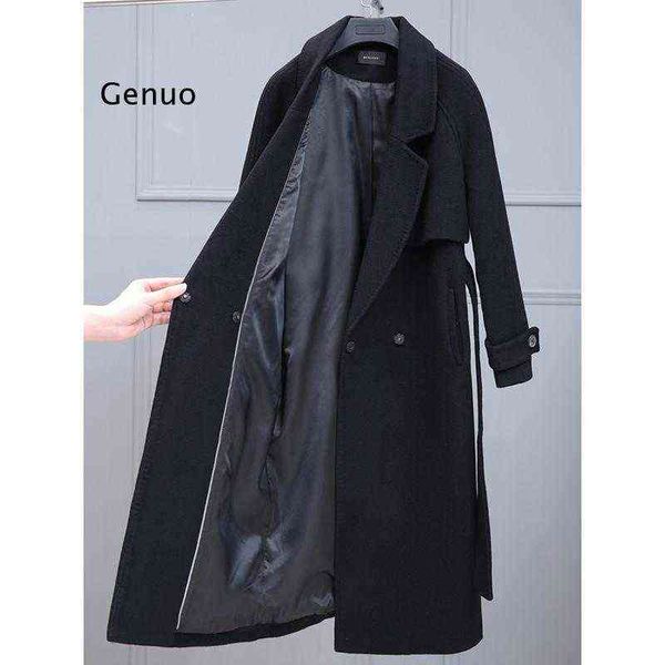 

loose long solid autumn fashion new women's cashmere wool coats oclothes medium woolen winter coat womens overcoat t220714, Black