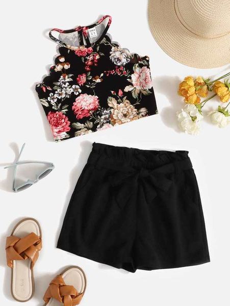 

girls scallop edge halter and self belted shorts set she, White
