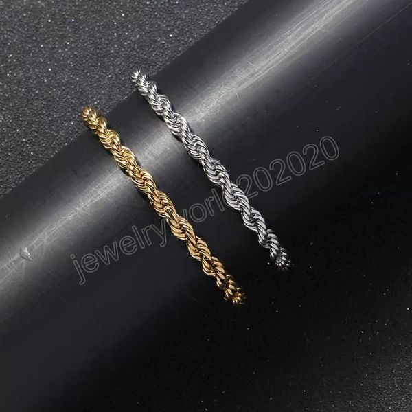 

hip hop 18k gold plated stainless steel 5mm twisted rope chain bracelet women's link chain for men hiphop jewelry gift, Black