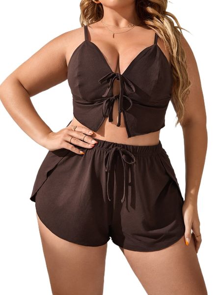 

plus knot front wrap hem cami lounge set 88ru#, Black;white