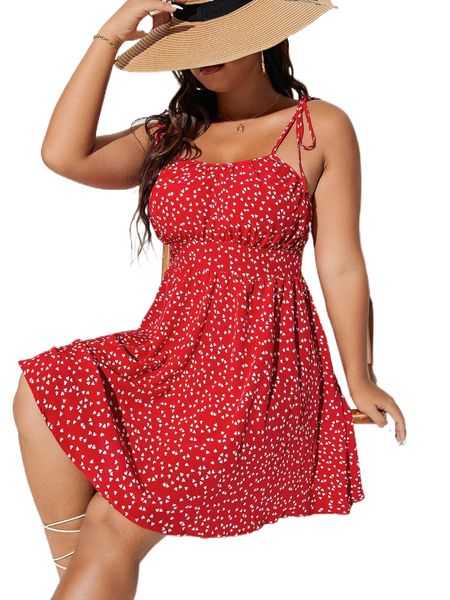 

plus confetti heart print tie shoulder shirred back cami dress p2fk#, Black