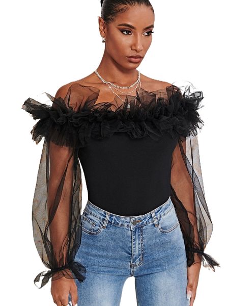 

contrast mesh flounce sleeve ruffle trim b9mw#, White